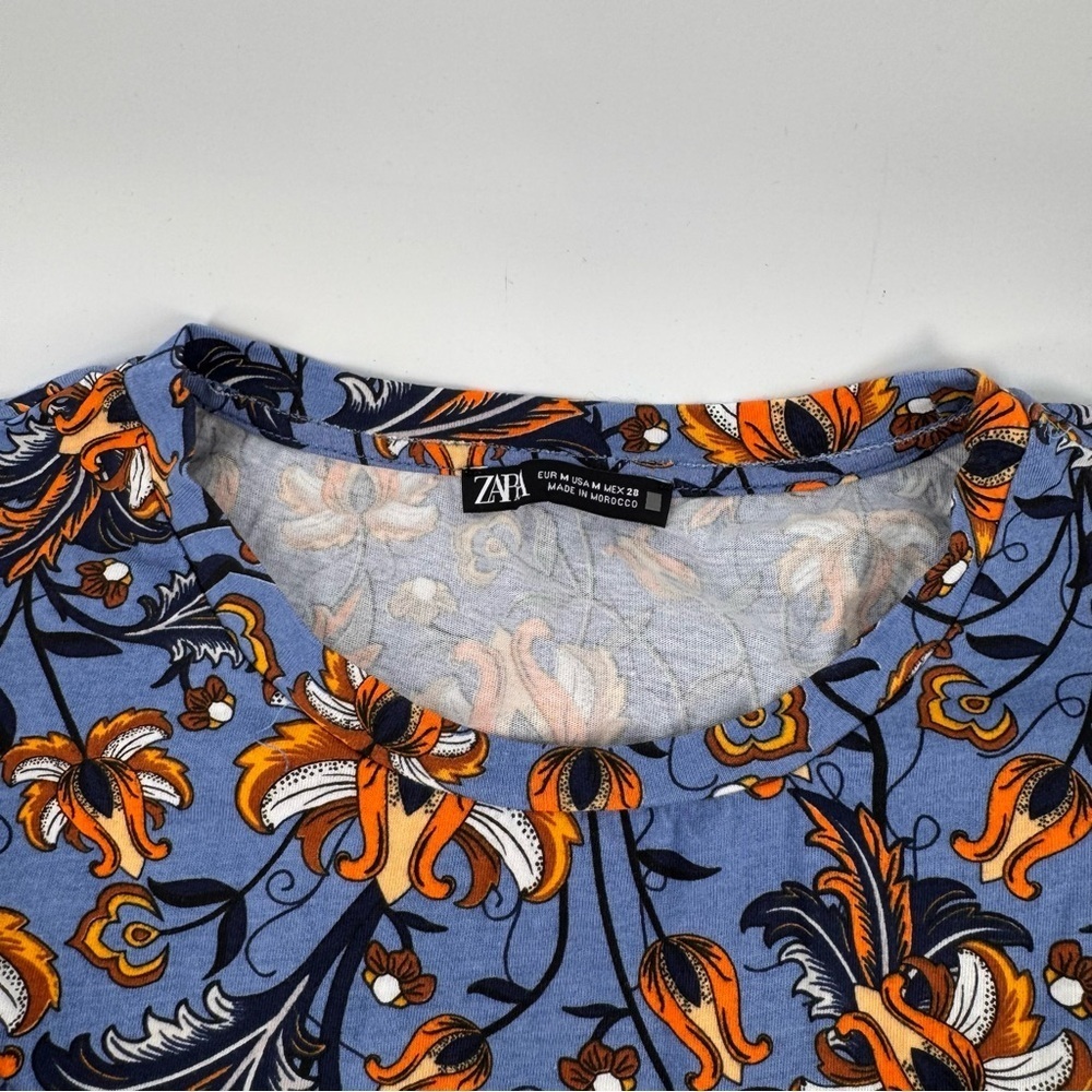 Zara Exaggerated Ruffle Floral Print Blouse Top Short Sleeve Blue Orange Medium - Picture 2 of 5